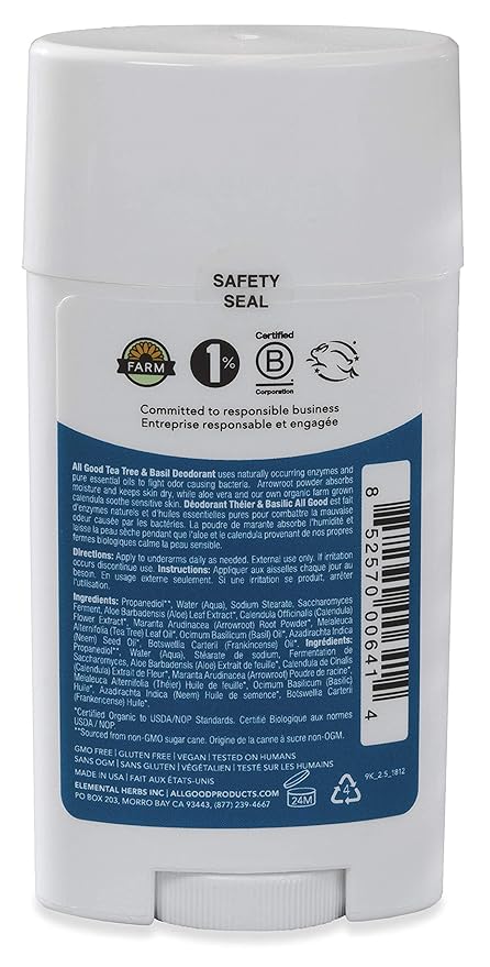 All Good Aluminum Free Deodorant Stick - Natural Deodorant w/Shea Butter & Aloe Vera, Bio-Active Formula, Vegan, Underarm Odor Protection for Men & Women (Tea Tree & Basil)