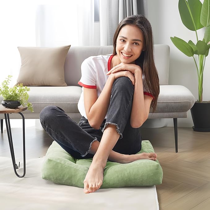 Degrees of Comfort Meditation Floor Pillow, Square Large Pillows Seating for Adults, Tufted Corduroy Cushion for Living Room Tatami, Green 22x22 Inch