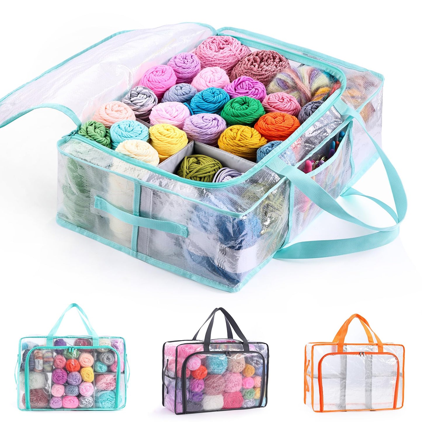 MYBAGZING Clear Yarn Storage Bags, 21" Large Flat Under Bed Yarn Organizer with Zipper & Handles, Stackable Knitting and Crochet Storage for Closet Shelves, Craft Room, Yarn Skeins, Hooks & Needles