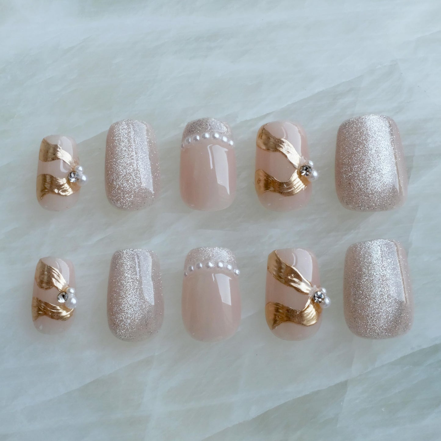 [GLORS] Purely Handmade Press On Nails | Elegant French Pink Pearl Gold Fake False Nail | Salon Quality in Short Square shape, 10 pieces (Medium, SS)