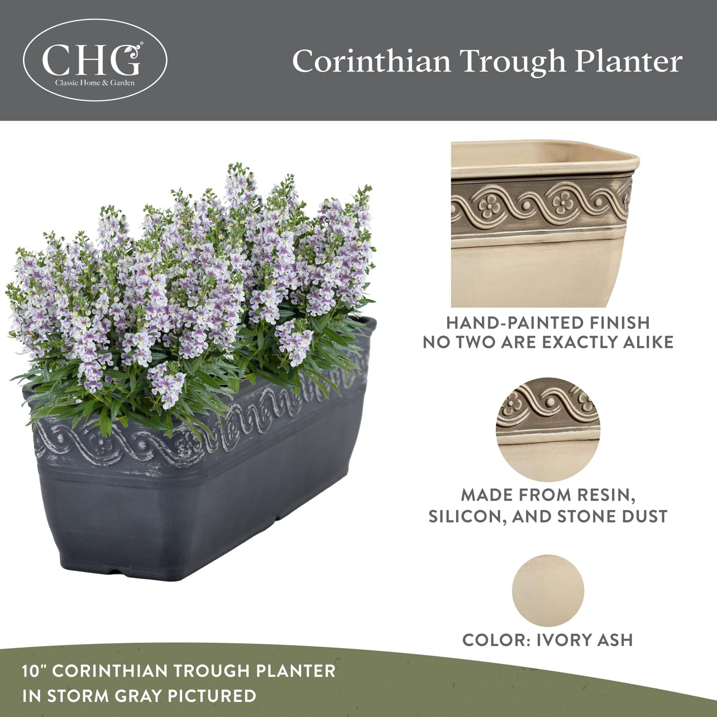 Classic Home and Garden Corinthian Trough Planter, 10", Ivory Ash