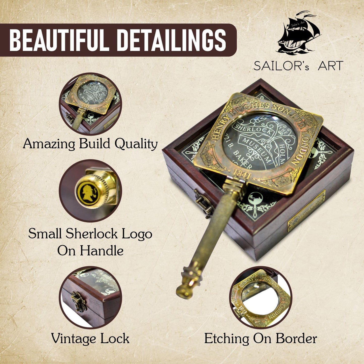 Sailor's Art Antique Brass Sherlock Holmes Fancy Magnifying Glass Handheld Decorative Handle with Wooden Box- Consulting Detective Home Decor- Decorative Design Science Students Detective kit