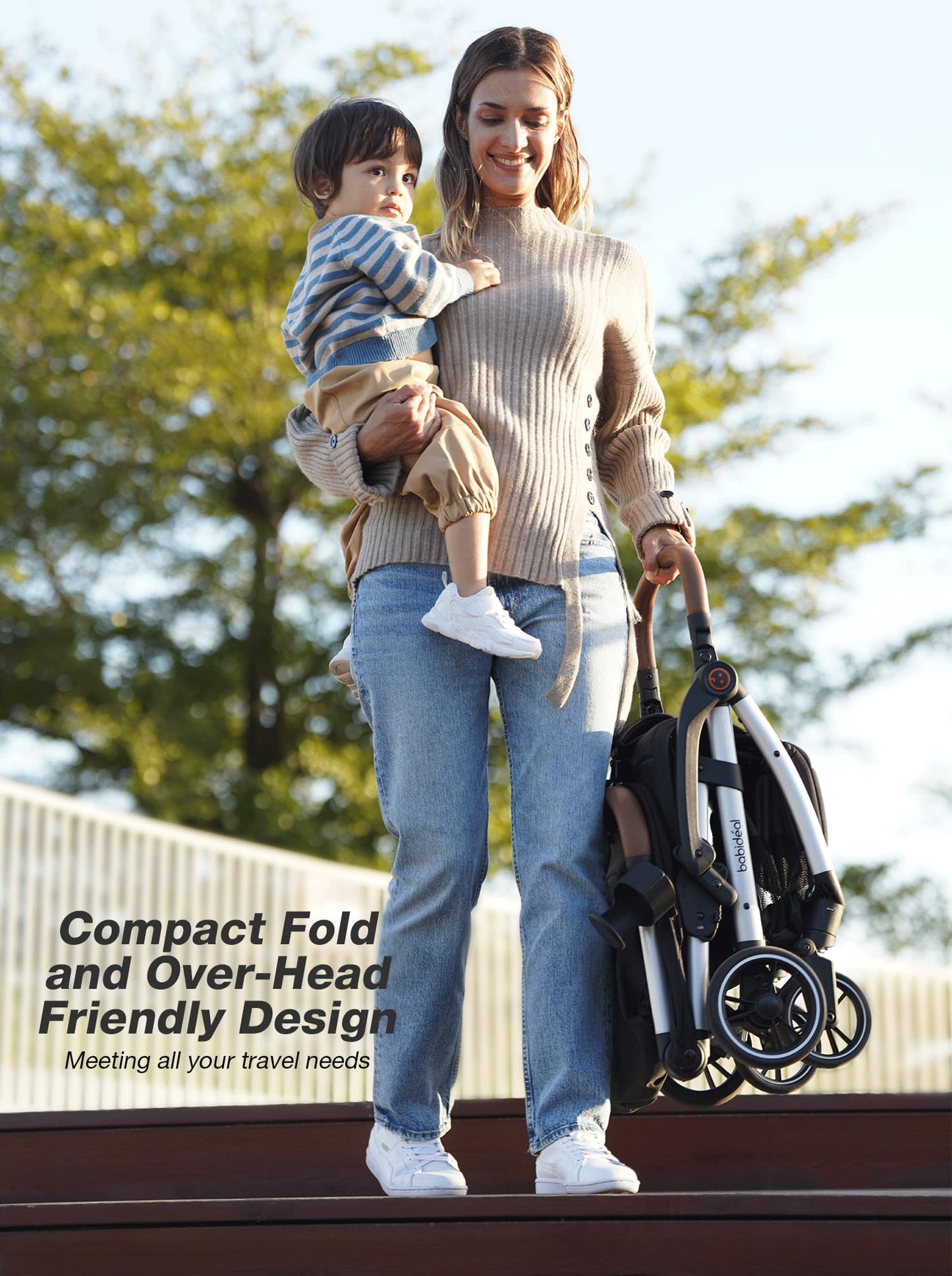 Babideal Lightweight Travel Stroller for Baby, Self-Folding Toddler Stroller with Large Canopy, Full-Reclining Seat, Cup Holder Included - Newborn to 50lbs. (Black)