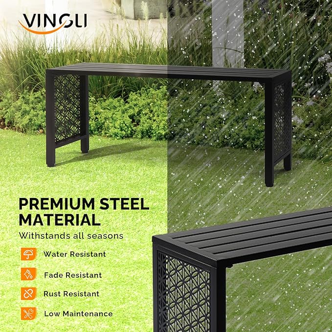 VINGLI 40in Outdoor Metal Bench, All-Weathe Backless Patio Bench with Slatted Seat＆Floral Side Panels, Rust-Resistant Garden Bench, Weatherproof Outdoor Seating for Porch Entryway Backyard (Black)