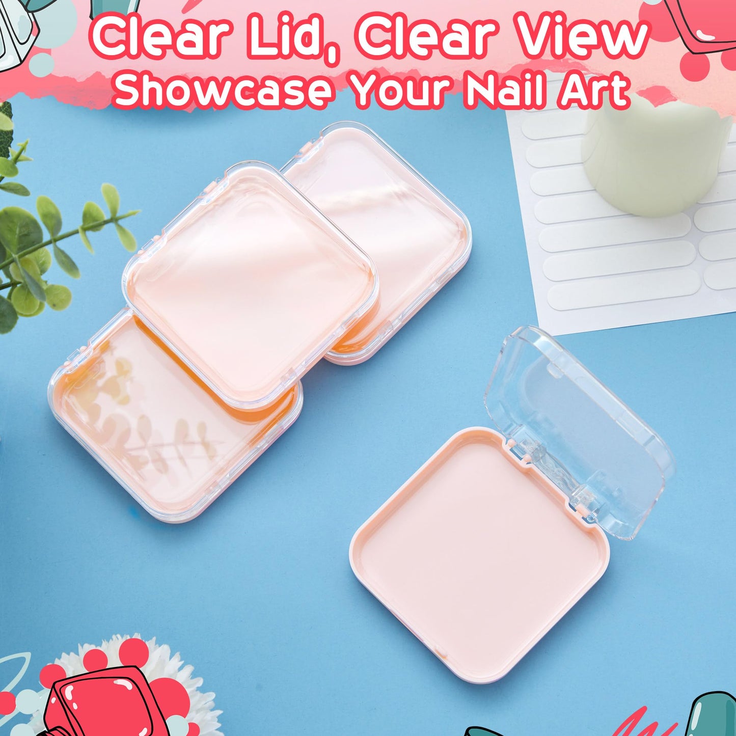 AceOrbit Press on Nail Boxes with 180 Pcs Adhesive Double Sided Tape Acrylic Press on Nail Packaging Cases Transparent Storage Case Organizer for Display Art Salon Supplies(Pink,48 Pcs)