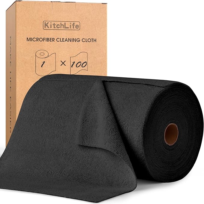KitchLife Microfiber Cleaning Cloth Roll, 100 Pack - Tear-Away Microfiber Paper Towels, Lint-Free, Reusable, Washable for Kitchen, Car, Dishes, and Sensitive Surfaces (Black)