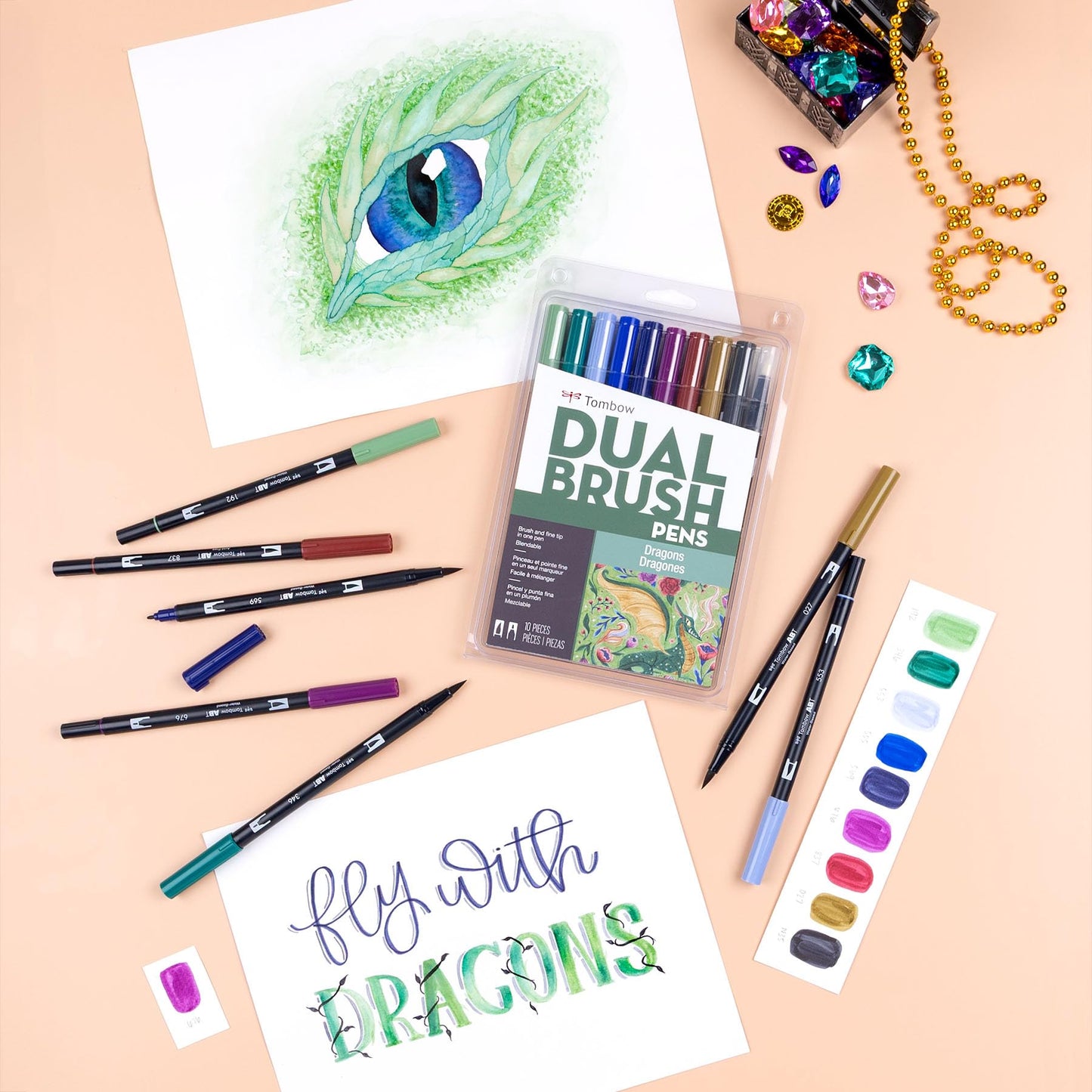 Tombow 56257 Dual Brush Pen Art Markers, Dragons, 10-Pack, Water-Based Ink, for Hand Lettering, Watercolor, Fine Art, Illustrations