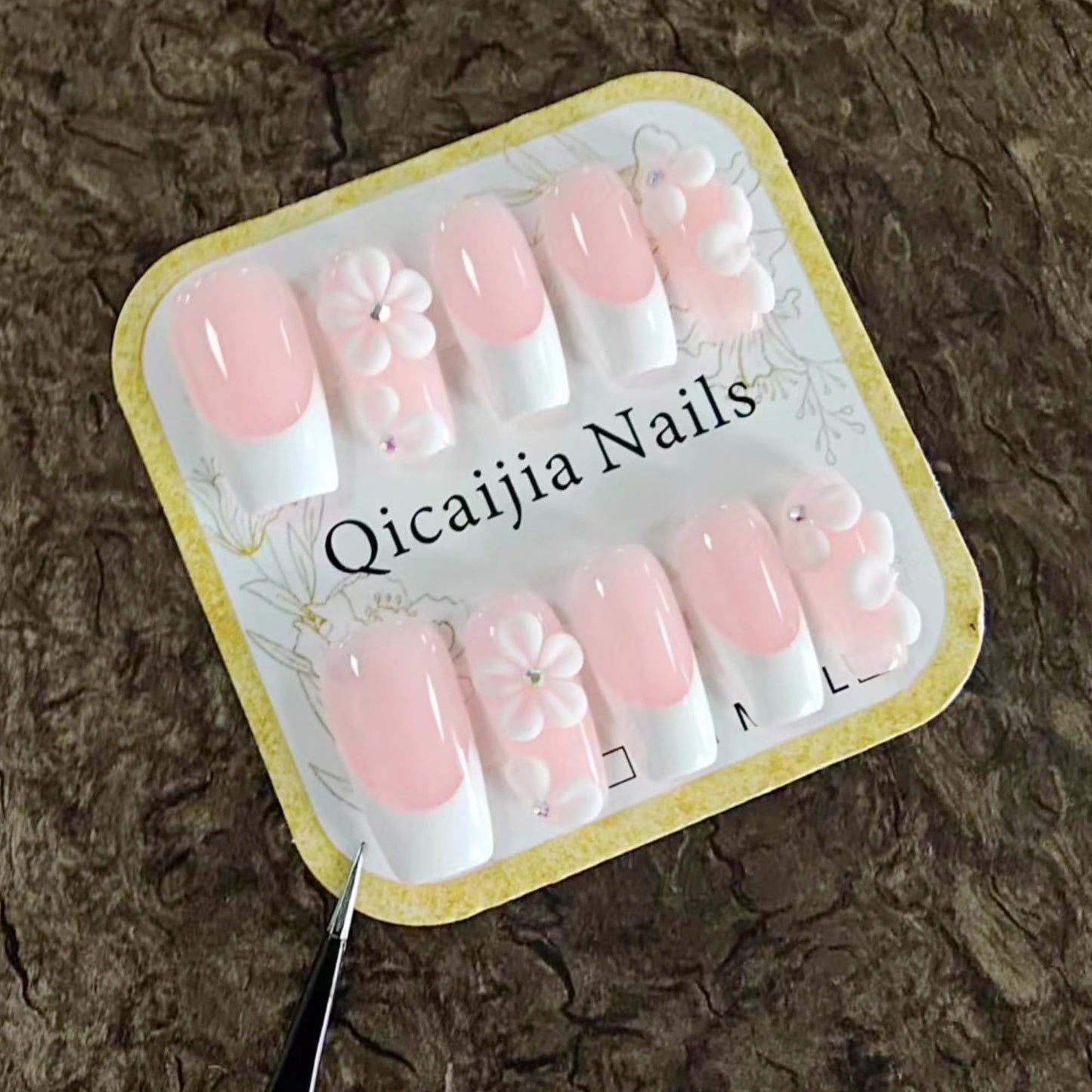 Luxury Press on Nails Medium Square Handmade Fake Nails 3D Flower Embossed False Nails White French Tip Acrylic Nails Press Ons with Designs Pink Full Cover Artificial Nail for Women 10Pcs(Size M)