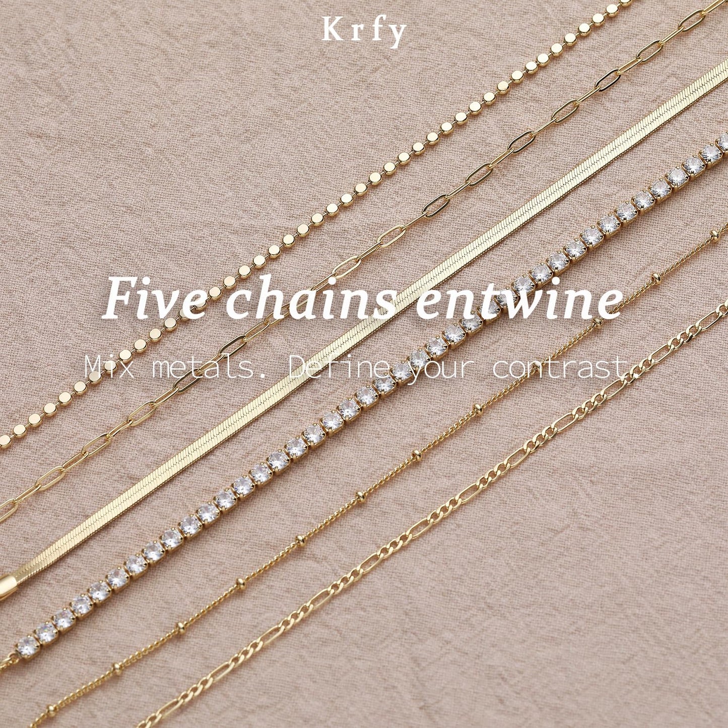 Krfy 6Pcs 16K Gold Plated Bracelets for Women Trendy, Bracelet Stack, Non Tarnish Waterproof Bracelets for Women, Paperclip Herringbone Figaro Cuban Twist Chains, Size 6.5''+2''