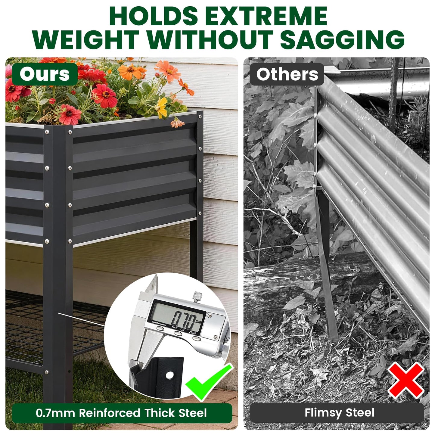1MORE Elevated Raised Garden Bed with Legs & Storage Rack, 48×24×32in Large Metal Raised Bed for Backyard, Patio. Raised Planter Box with Drainage Holes for Plants Vegetables Flowers Fruits(Grey-1pcs)