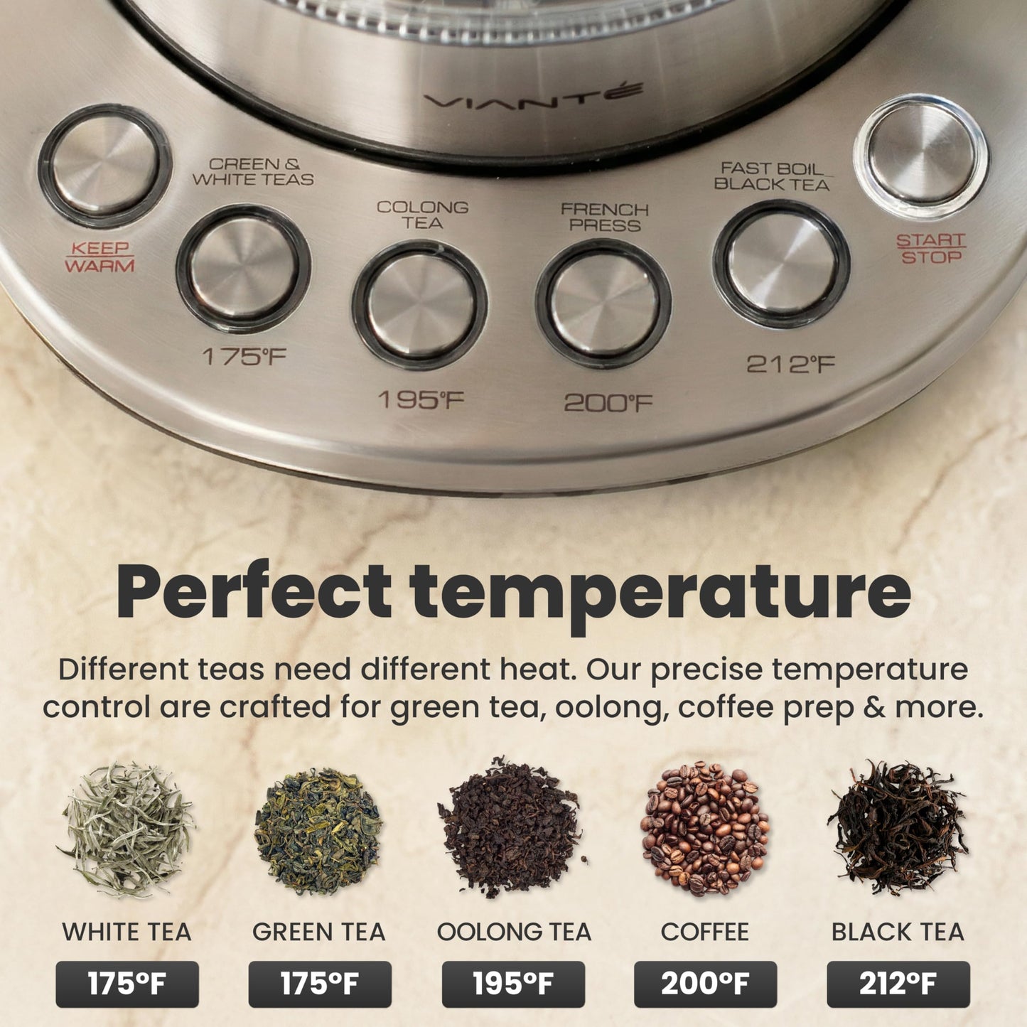 Vianté Electric Tea Kettle With Infuser for Loose Leaf, No Plastic In Contact With Water, Hot Tea Maker with Temperature Control, Automatic Shut Off, 1.5L Borosilicate Glass