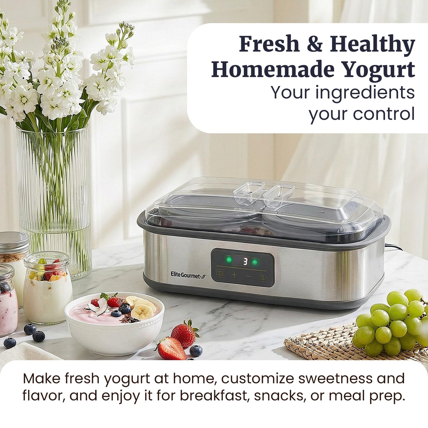 Elite Gourmet ProBioticPRO™ Digital Yogurt Maker, Programmable Temp & Time Control (68–127°F), Includes 8 Glass Jars (6 oz) + 2 Large 1-Qt Bowls, Stainless Steel, Auto Shut-Off