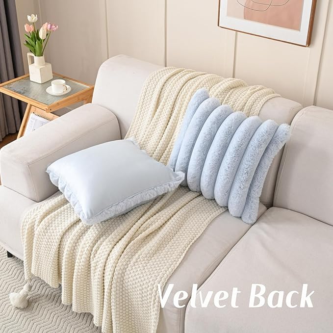 FUTEI Light Blue Decorative Throw Pillow Covers 20x20 Inch Set of 2, Square Soft Faux Rabbit Fur Thick Striped Cushion Cover,Winter Home Decor for Couch Bed Living Room
