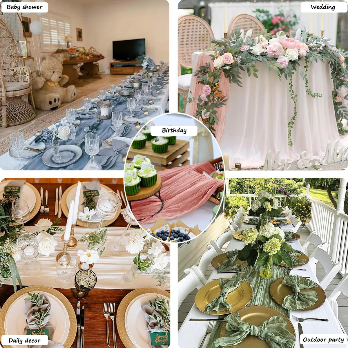 Booque Valley Dusty Green Cheesecloth Table Runner 10ft Super Soft Boho Wrinkled Gauze Sheer Cloth for Baby Shower Baptism Birthday Party Wedding Centerpiece Table Decoration, 35x120 Inch