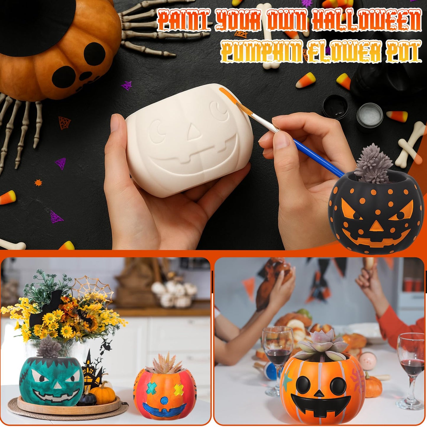 Suzile 6 Pack Halloween DIY Ceramic Craft Devil Pumpkin Succulent Pots with Drainage 3.5 Inch Unpainted Small Pumpkin Ceramic Planter Kit Halloween Decor Craft Activity Gift (Plants Not Included)