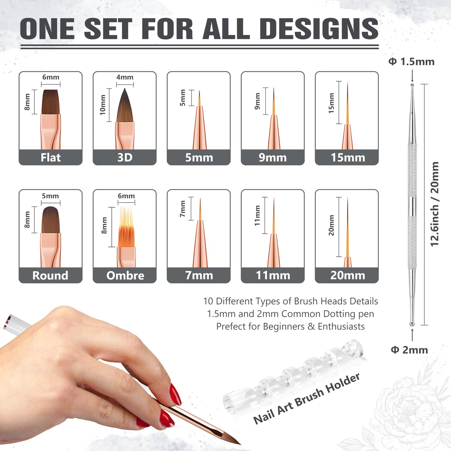 Nail Art Brushes Set, Professional 5Pcs Double-Ended Nail Brush Kit for Details, Long Lines, Ombre & 3D Design-Perfect for DIY Manicures & Salons (White)