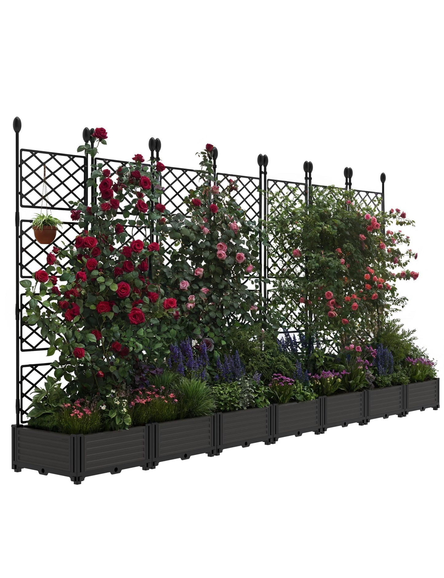 7 PCS Raised Garden Bed with Trellis, 114" LX16 WX63 H Plastic Planter Box for Climbing Plants, Outdoor Vertical Garden with Privacy Screen for Patio, Balcony, Backyard – Sturdy & Lightweight