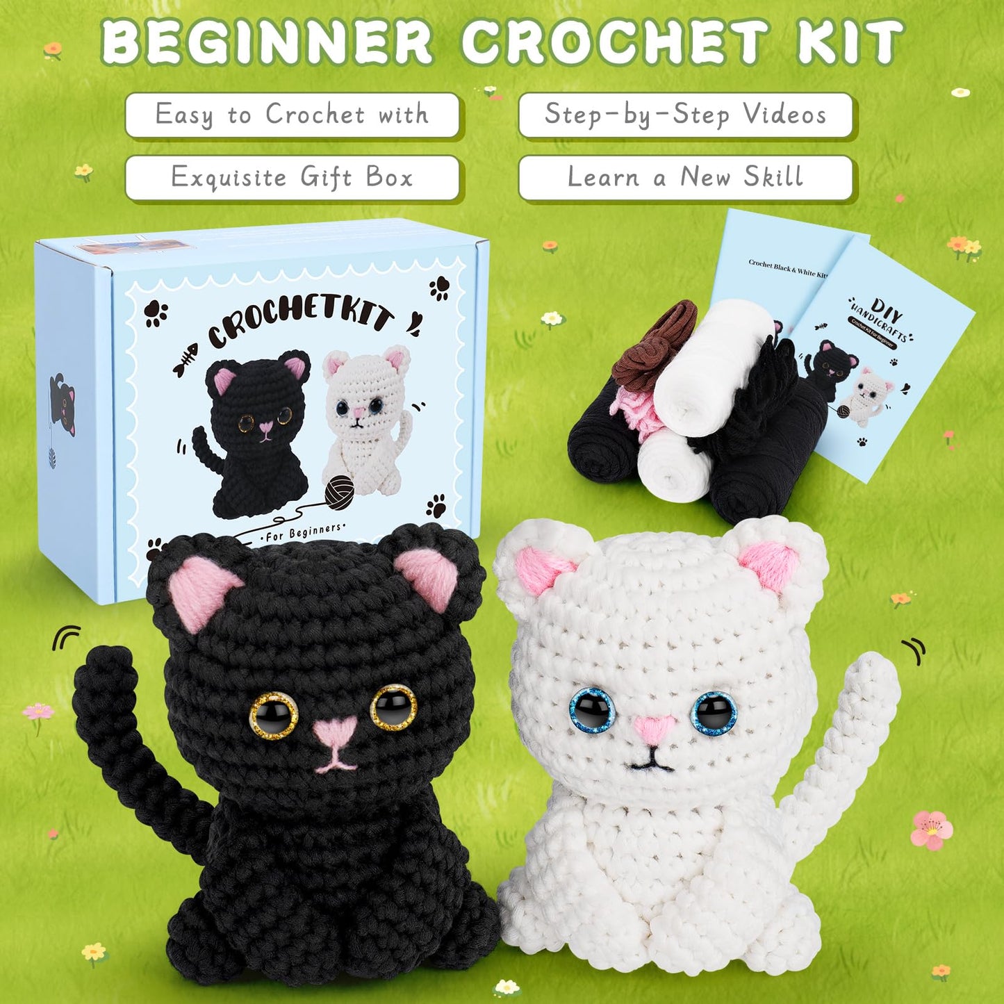 Fortuning's JDS Crochet Kit for Beginners, Cat Crochet Kits Complete Starter Kit with Step-by-Step Video Tutorials, Knitting Kit Adults, DIY Craft Gift for Birthday, Valentine's Day, Christmas