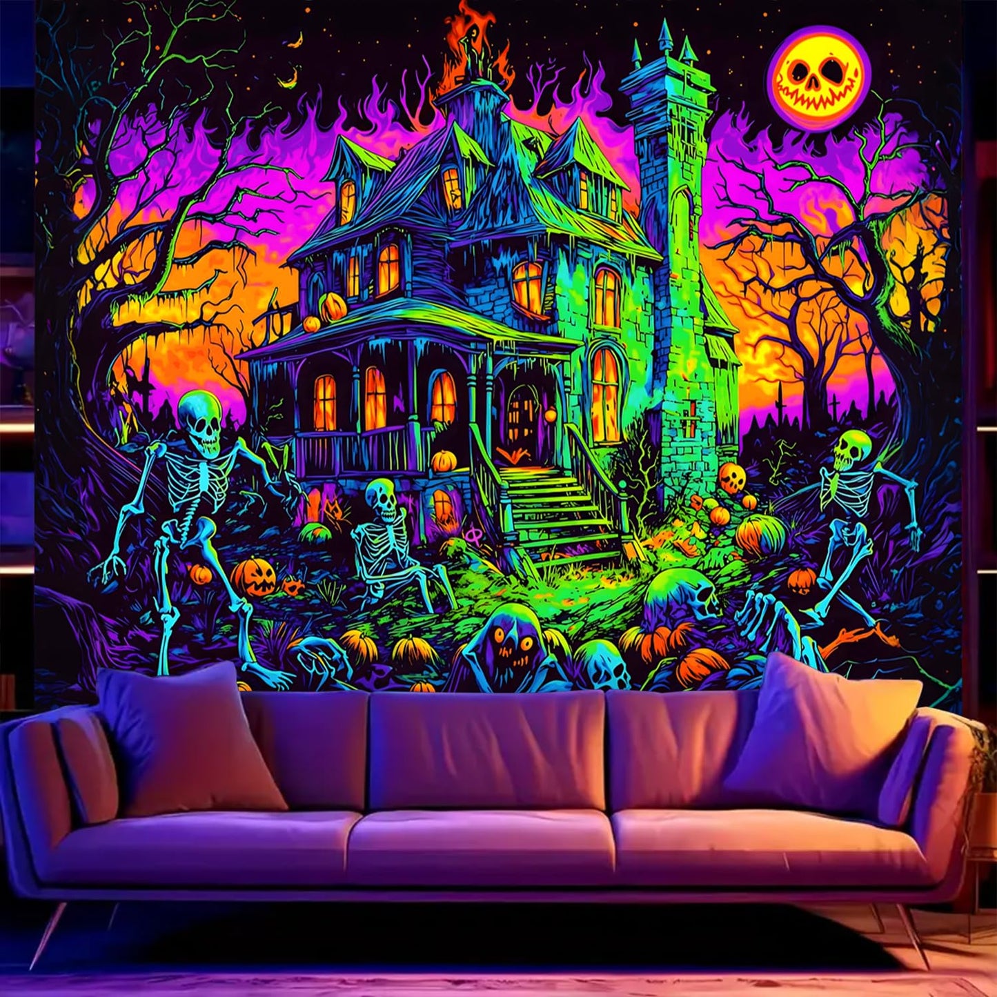 BSFHH Black Light Tapestry – UV Reactive Glow in the Dark Wall Hanging, Spooky Night Scene with Ghosts & Pumpkins, Haunting Home Decor for Parties, Bedroom, or Dorm (Ghost House, 90L x 70W, Unframed)