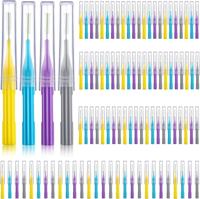 100 Pieces Braces Brush for Cleaner Interdental Brush Toothpick Dental Flossing Head Oral Hygiene Flosser Tooth Cleaning Tool (Light Blue, Yellow, Gray, Purple)