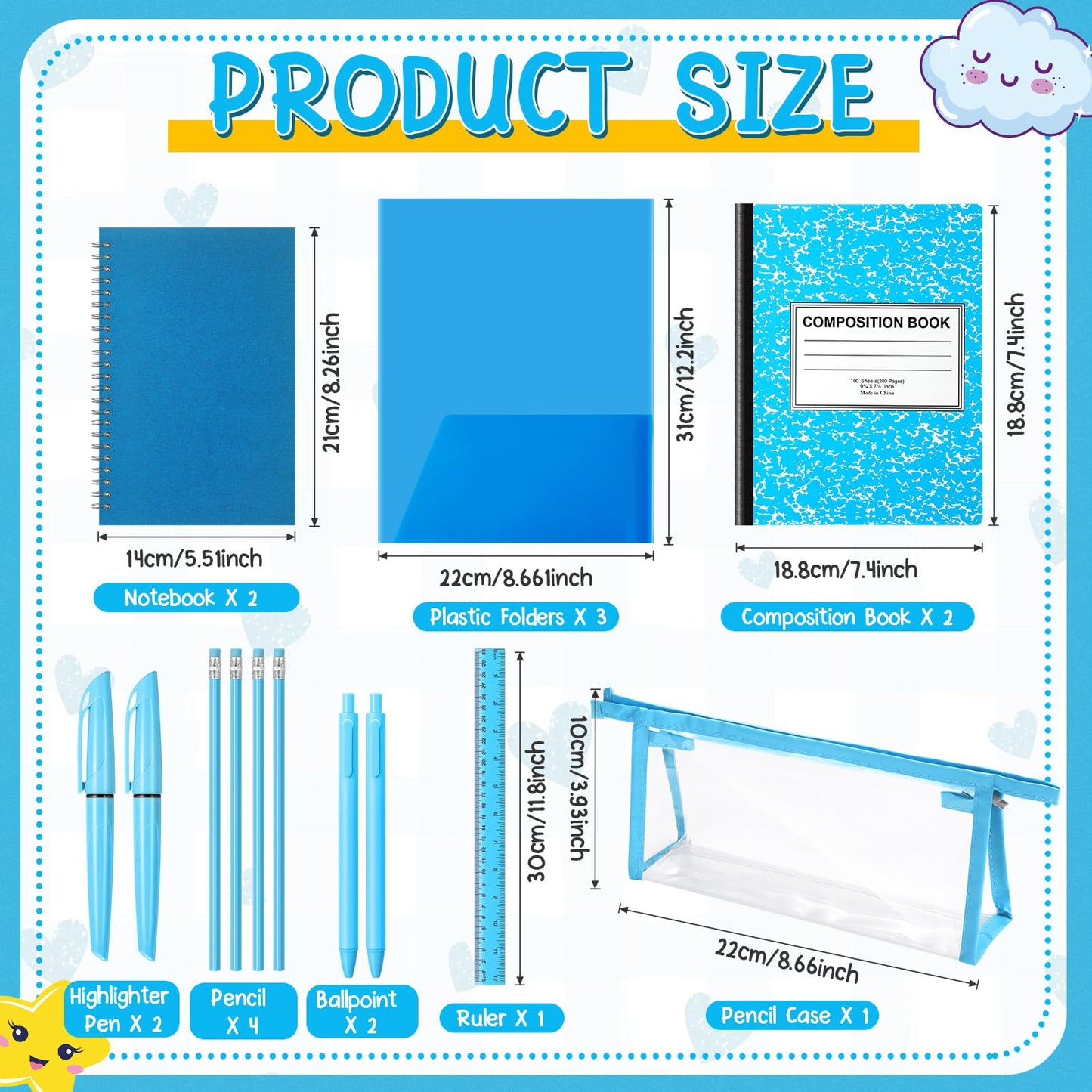 Watersay 48 Pcs School Stationary Set Essentials Bundle Include Folders Notebooks Rulers Scissors Pencils Pens and Much More Back to School Gifts for Students(Blue)