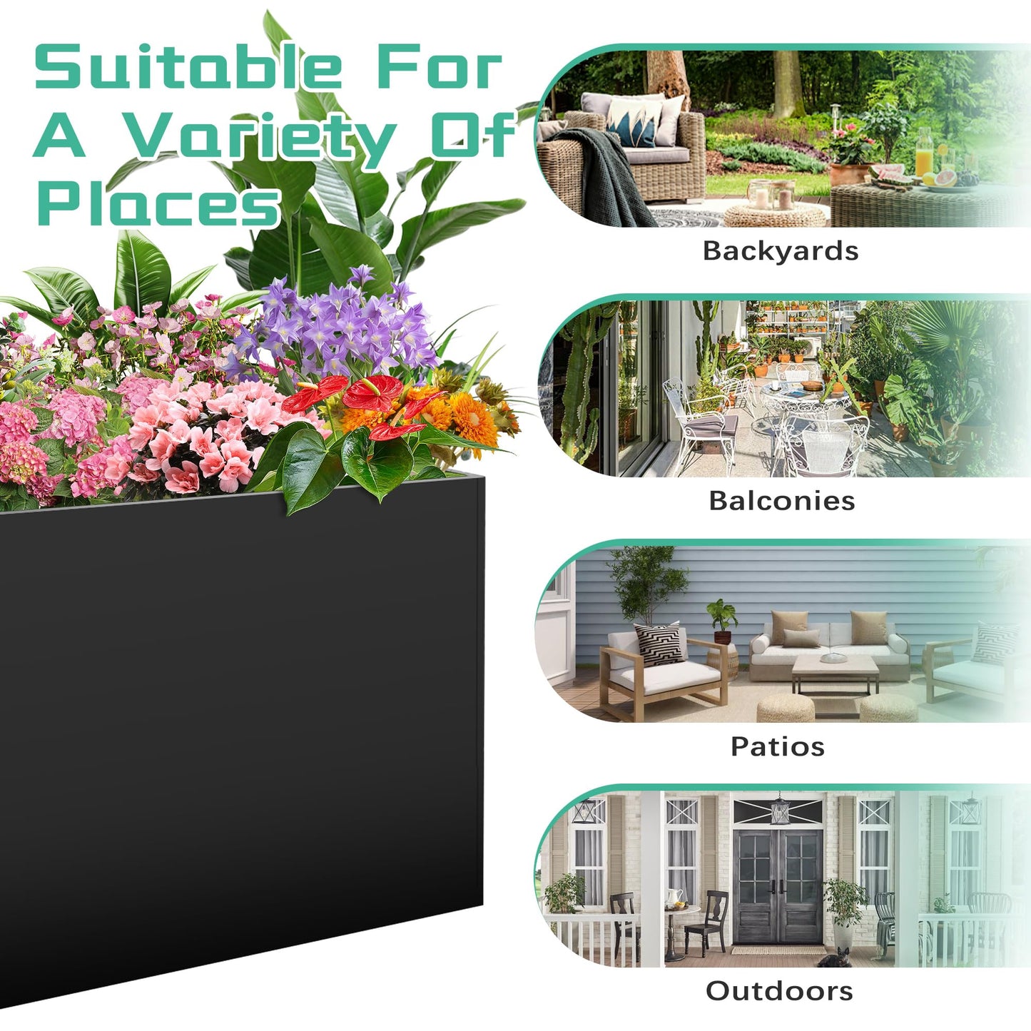 Metal Rectangular Planter Box, Large Planter Boxes Outdoor, 37''L x 13''W x 26''H Heavy Duty Plant Box with Removable Insert Shelf, 3 Tier Adjustable Height Tall Garden Planter for Plants, Flowers