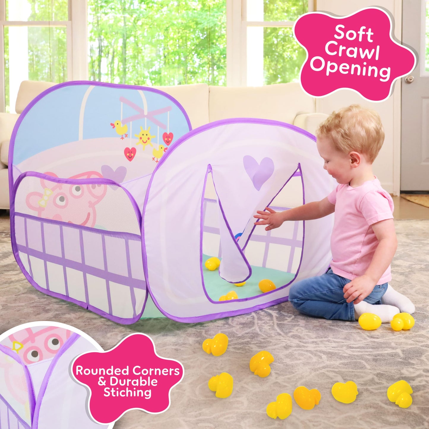Peppa Pig Ball Pit Crib, Large Pop Up Tent with Crawl Through Opening, Includes 20 Duck Shaped Play Balls, Toddlers 2+