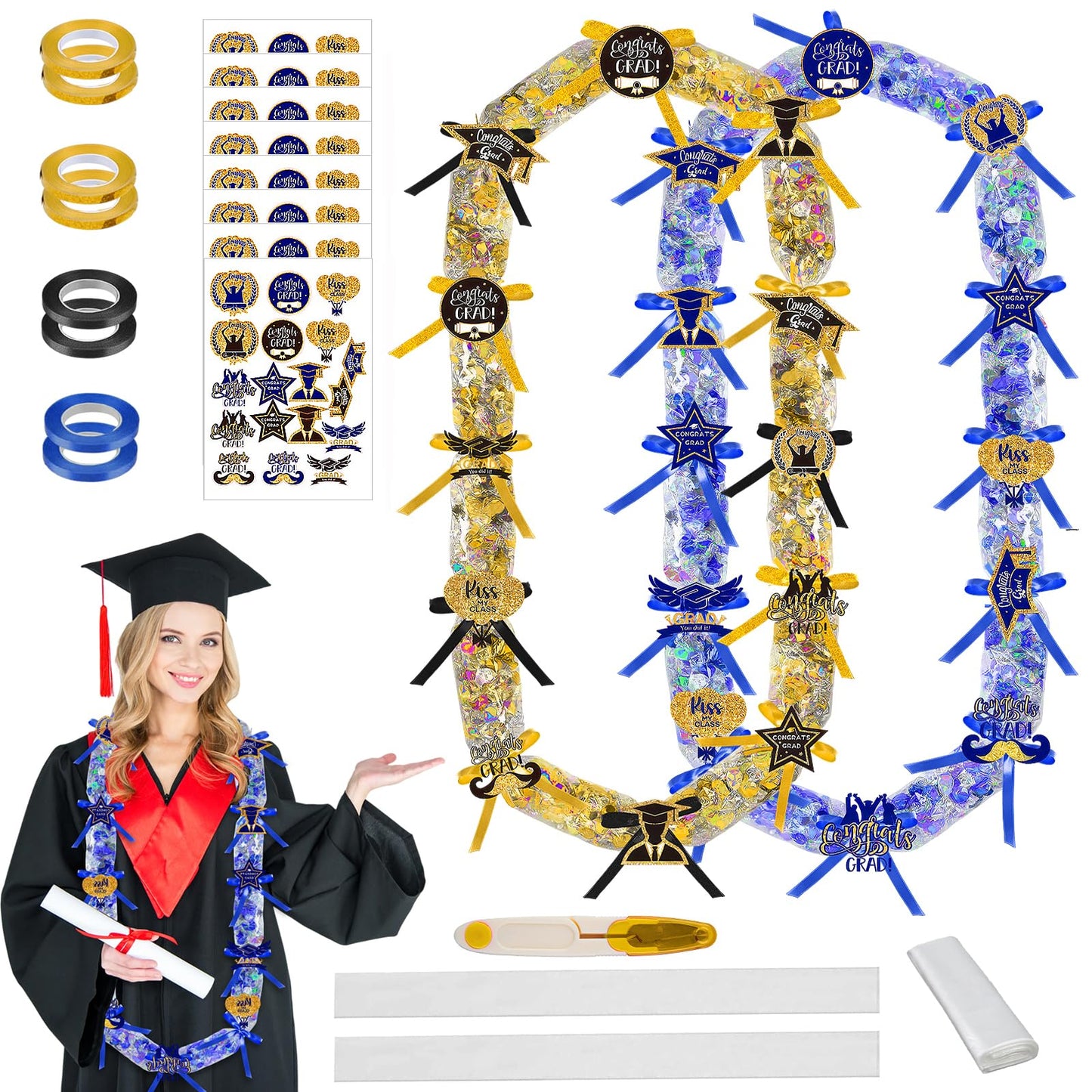 Roll Poly Tubing, Graduation Candy Lei Kit Class of 2025 DIY Hawaiian Candy Lei Making Kit Includes 24 Pcs Candy Lei Bags 4 Rolls Ribbons 144 Pcs Paper Cut for Party Gift