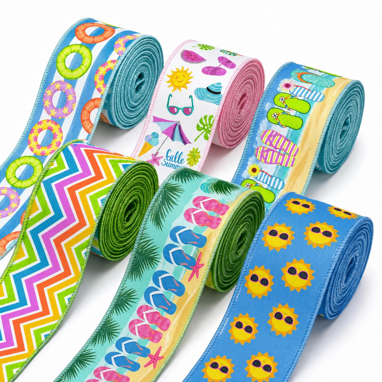 6 Rolls Summer Wired Edge Ribbons, 24 Yards 2.5 in Flip Flop Sunshine Stripe Patterns Gift Wrapping Ribbon for Beach Themed DIY Crafts Bow Wreath Summer Party Decorations