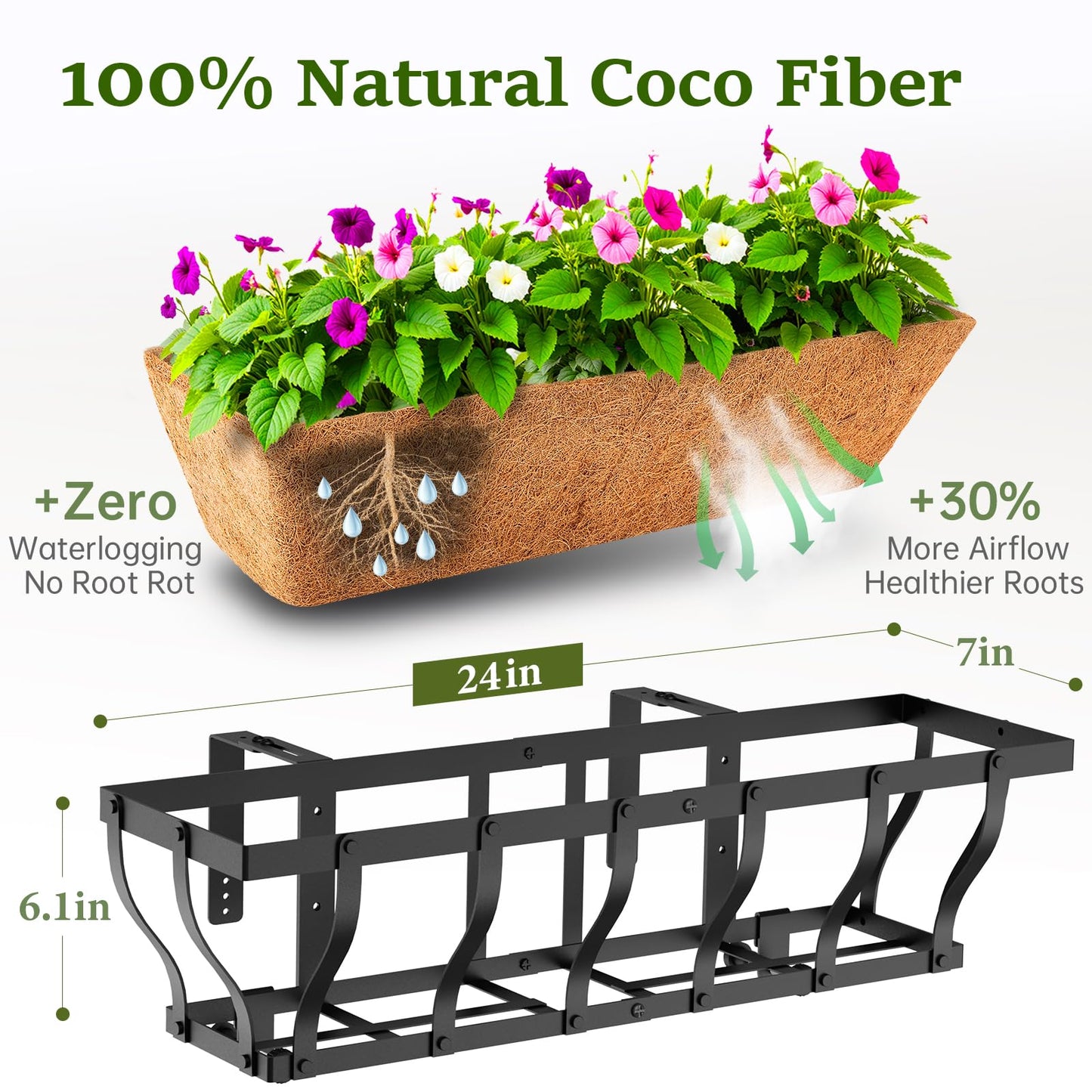 VOXOR Railing Planter Boxes, Heavy Duty Window Box Planters, Adjustable Balcony Planters for Railing Hanging, with Coco Liner & Support Rod for Deck, Porch, and Patio Gardening (2 Pack, 24 Inch)