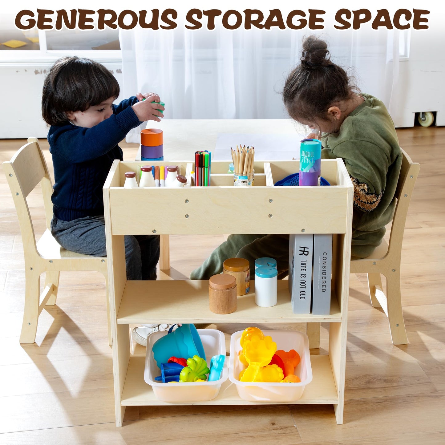 bbgroundgrm Kids Art Table and Chair Set, Birch Wooden Activity Craft Table, Kids Drawing Table, Toddler Desk with Storage and 1 Chair
