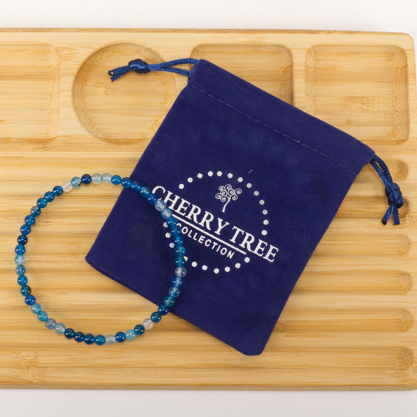 Cherry Tree Collection - Small, Medium, Large Sizes - Gemstone Beaded Bracelets For Women and Men - 4mm Round Beads (Lace Agate Blue, Medium)