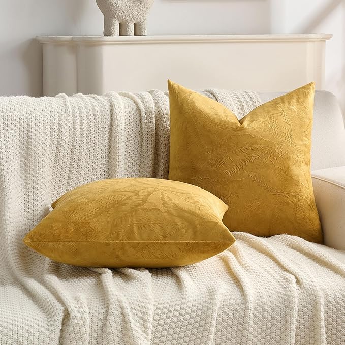 FUTEI Golden Yellow Velvet Throw Pillow Covers 22x22 Inch Set of 2,Soft Embossed Leaf-Relief Textured Cushion Cases,Natural Home Decor for Couch Living Room