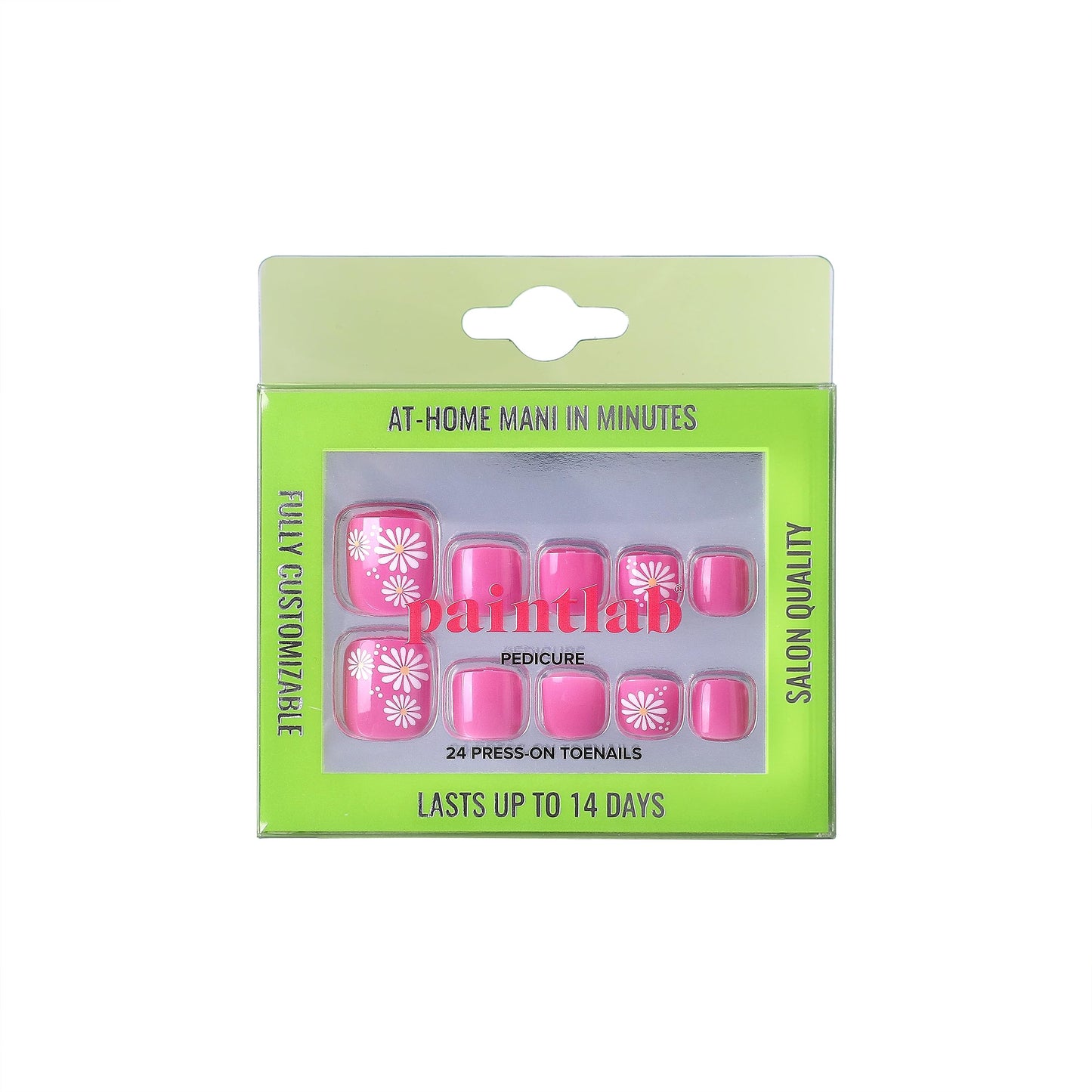PaintLab Press-On Pedicure, Pinkie Tootsie, Pink with Flowers, Reusable False Toenails Kit, 24 Pieces