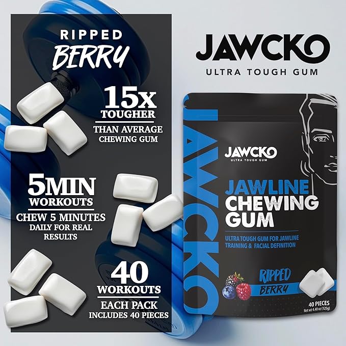 JAWCKO Ultra-Tough Jawline Chewing Gum | Get a Stronger, Squarer Jawline | Ripped Berry Jaw Training Hard Gum | 15X Strength | Chisel, Sculpt, Tone your Jaw | Facial Fitness Mewing Gum | 40 Pieces/Pack