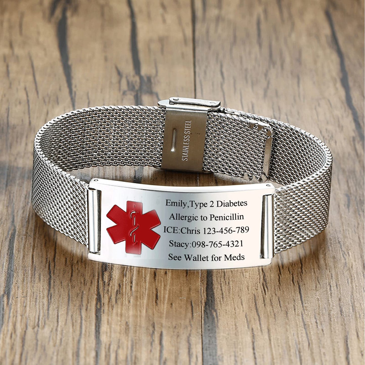 VNOX Width Medical Alert Bracelets for Men Free Engraving Adjustable Mesh Emergency Medical ID Bracelets