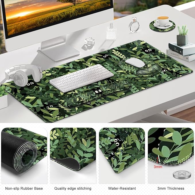 Large Desk Mat, Cute Anime Cats Gaming Mouse Pad, Desk Pad Protector, XXL Mousepad + Keyboard Wrist Rest+Mouse Wrist Rest+Coaster Set with Ergonomic Desk Pad for Home Office PC Computer, Green Leaves