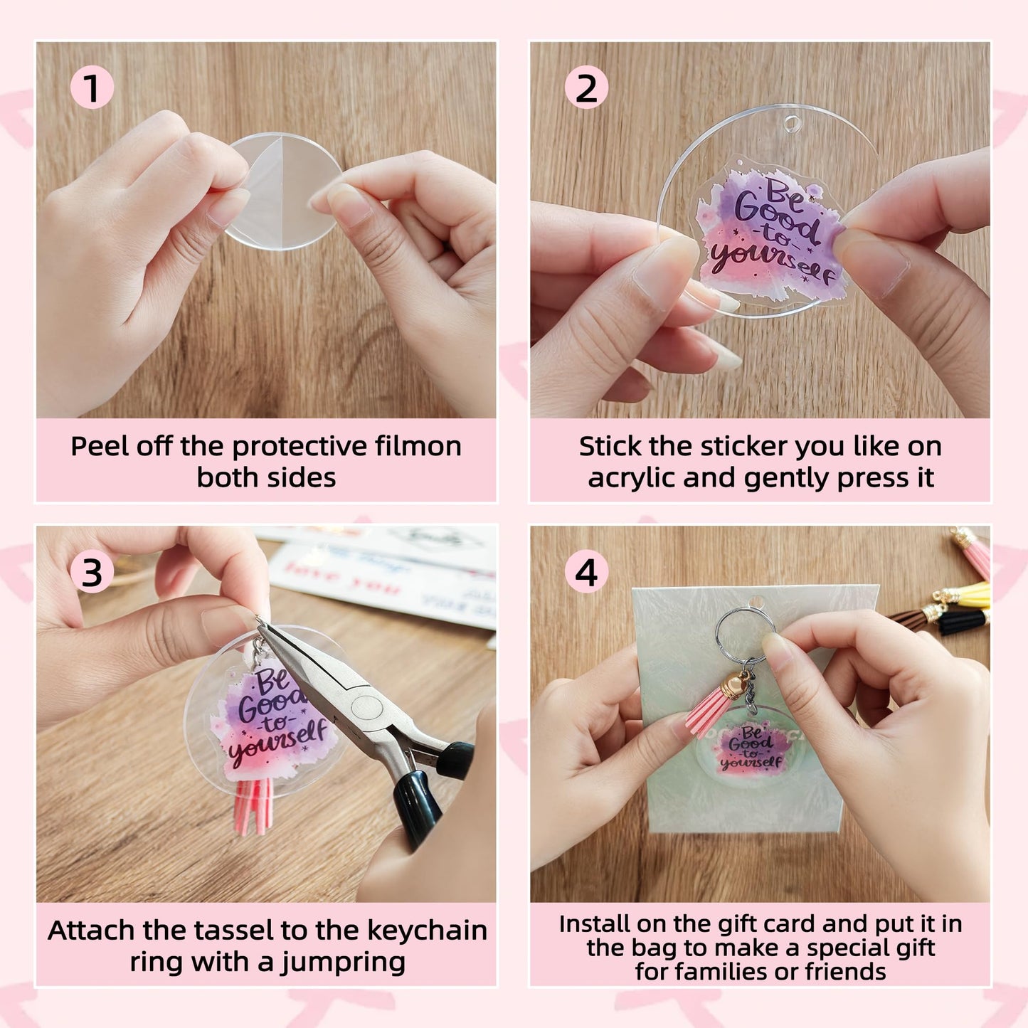 Acrylic Keychain Blank Set,128 Pcs Key Chain DIY Kit with Clear Circle Blank,Keychain Ring,Display Card,Packing Bag,Jump Ring,Tassel,Vinyl Encourage Phrase Sticker for Craft Employee Appreciation Gift