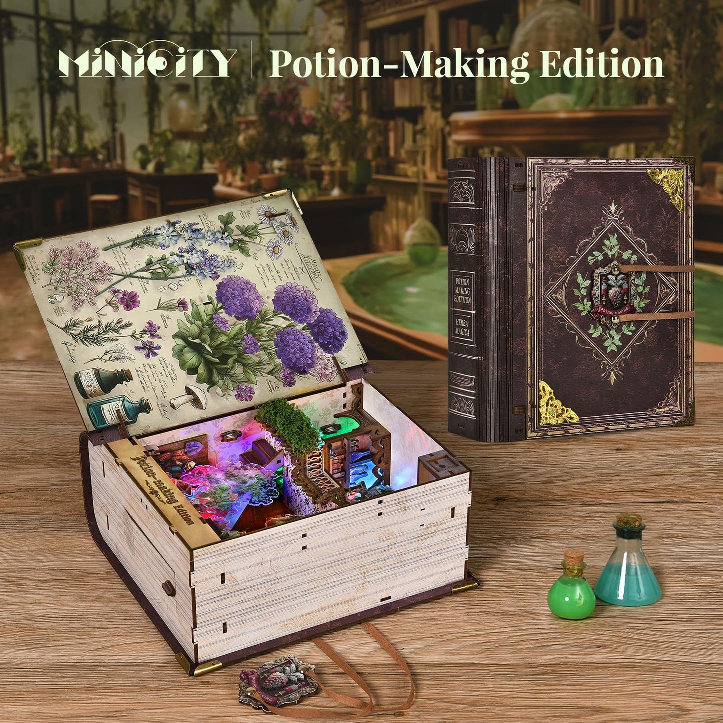 MiniCity Book Nook Kit,Tiny House Kits to Build to Live in,DIY Wooden Crafts for Adults, Mini Model Kits with LED, Birthday and Valentine's Day Gift for Adults (Potion-Making Edition)