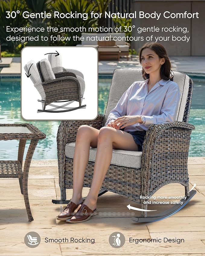 HUMMUH 3-Piece Outdoor Rocking Chairs,All-Weather PE Wicker Patio Rocker Chairs Bistro Set with Side Table,Porch Balcony Furniture with Cushions