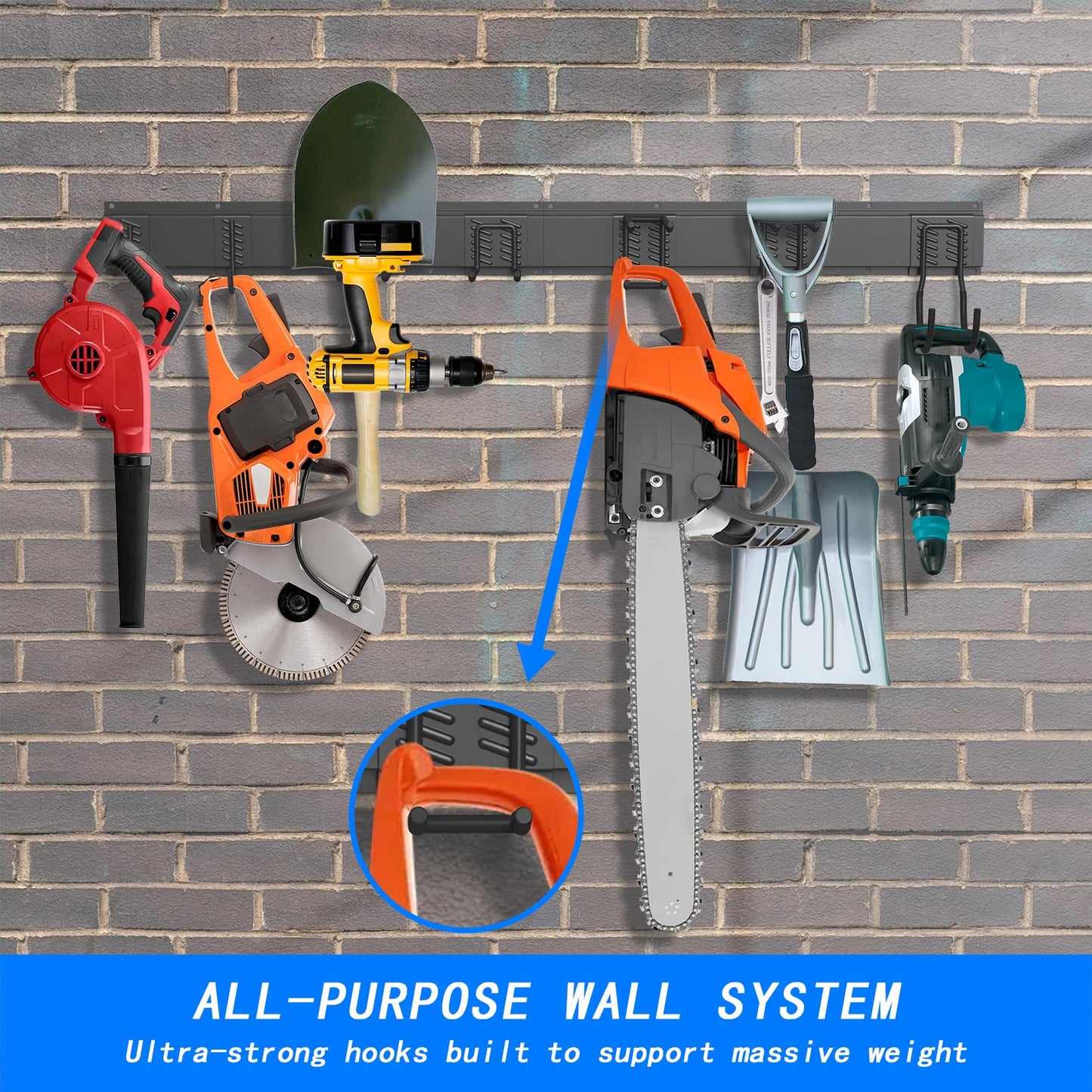 CBWLWJ Garage Tool Organizer Wall Mount, 64 inch Garage Wall Organizer, 680lbs Sturdy Garden Tool Organizer with 12 Adjustable Hooks, for Yard, Shed, Basement, Workshop(Black)