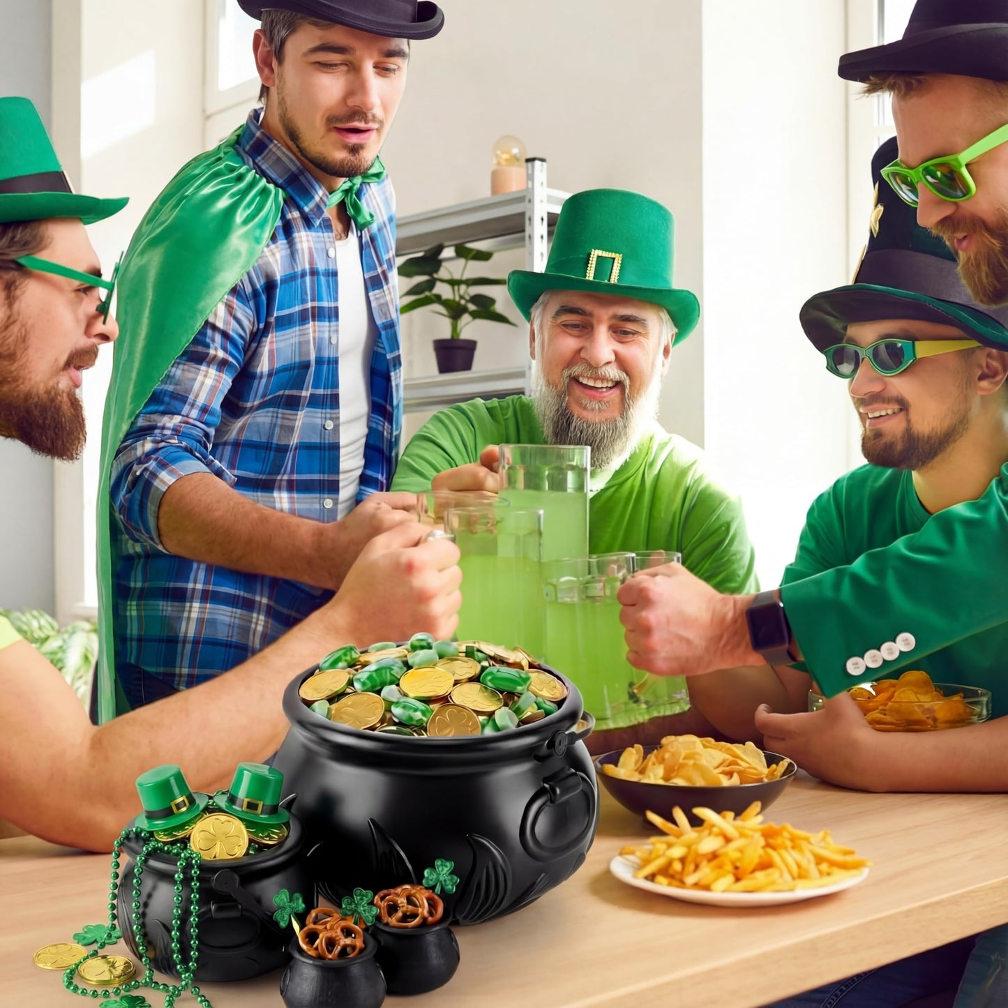Threehoney 16 in 1 St. Patrick's Day Cauldron 12.8 9.8 7.6 5.7 2.7 Large Witch Leprechaun Pot for Irish Party Decoration Plastic Cauldron with Portable Carrying Handle Black Candy Pot Indoor Outdoor