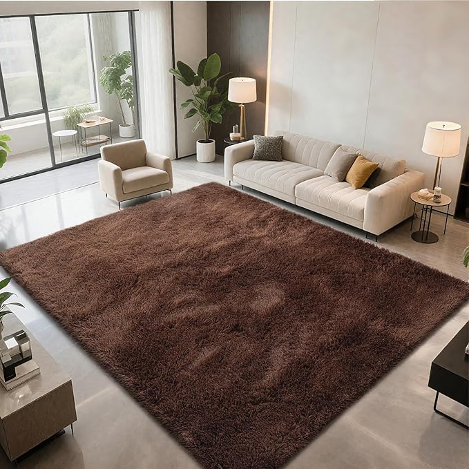 Shag Area Rugs for Bedroom Living Room,8X10 Ultra Soft Fluffy Area Rugs for Dorm, Indoor Carpet Nursery Rugs for Kids Girls Room Home Decor,Brown