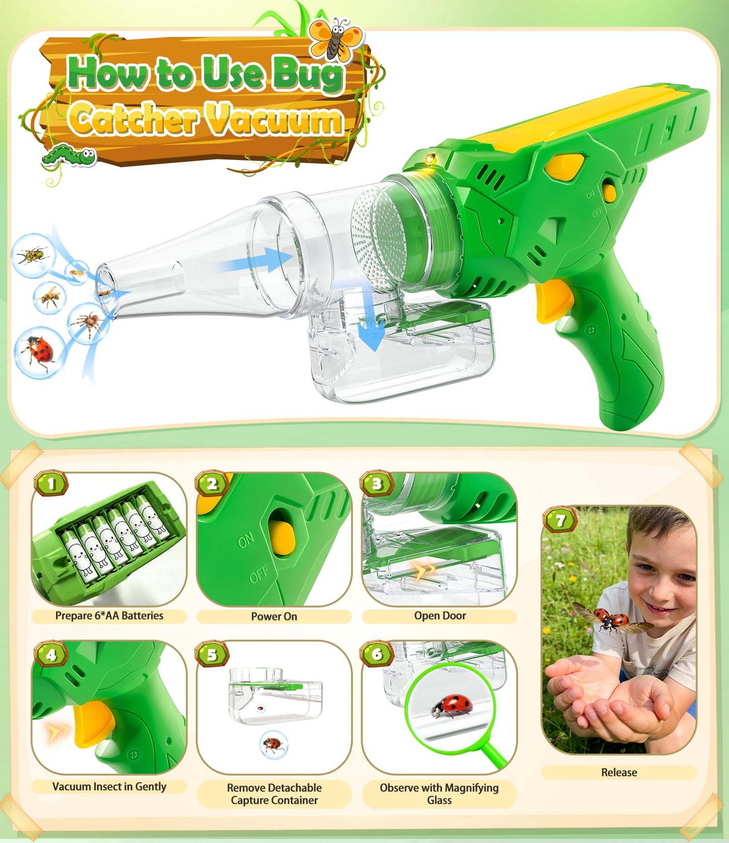 SOLIEHOO Bug Catcher for Kids 3-12, Bug Vacuum Bugs Catching Release Kit, Magnifying Glass Bug Collector Butterfly Net Bugs Grabber Insect Catcher Tweezers, Boys Outside Explorer Toys Birthday Gift
