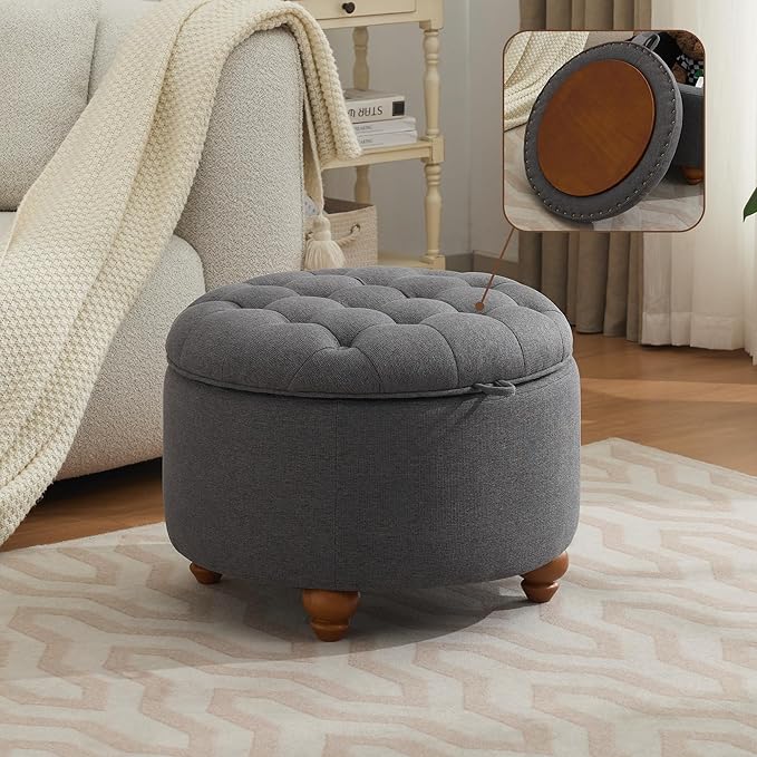 24Inch Round Storage Ottoman with Tray, Modern Tufted Fabric Circle Coffee Table with Storage, Upholstered Ottoman with Removable Top for Living Room, Bedroom, Dark Grey