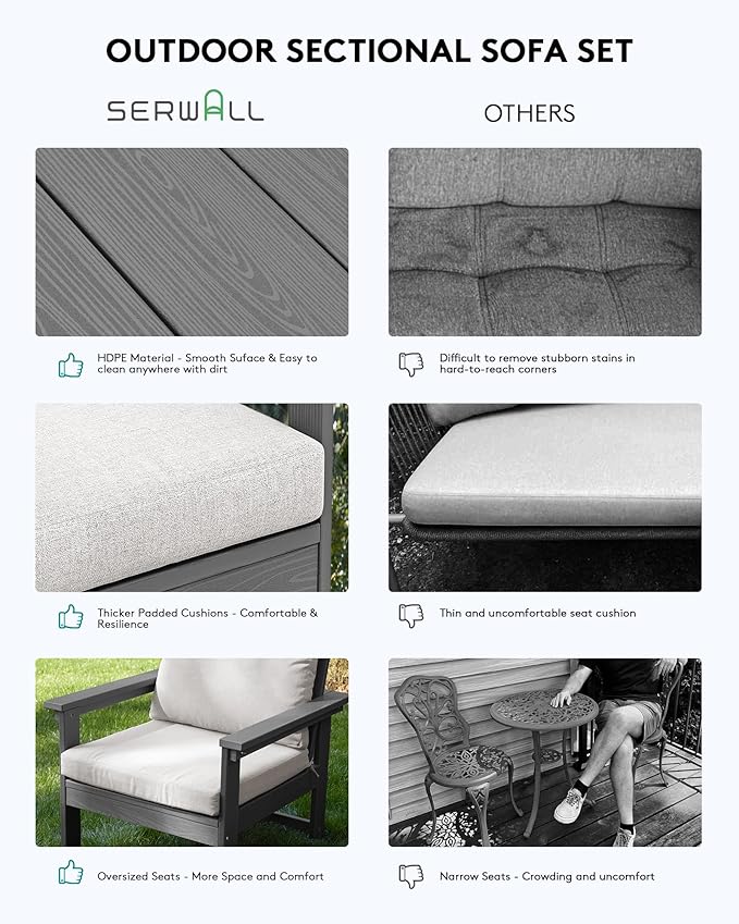 SERWALL Outdoor Sectional Sofa Set, 5-piece Outdoor Modula Couch Set with Ottoman, All Weather Patio Furniture Set with Chaise for Deck, Lawn, Gray Frame with Khaki Cushion