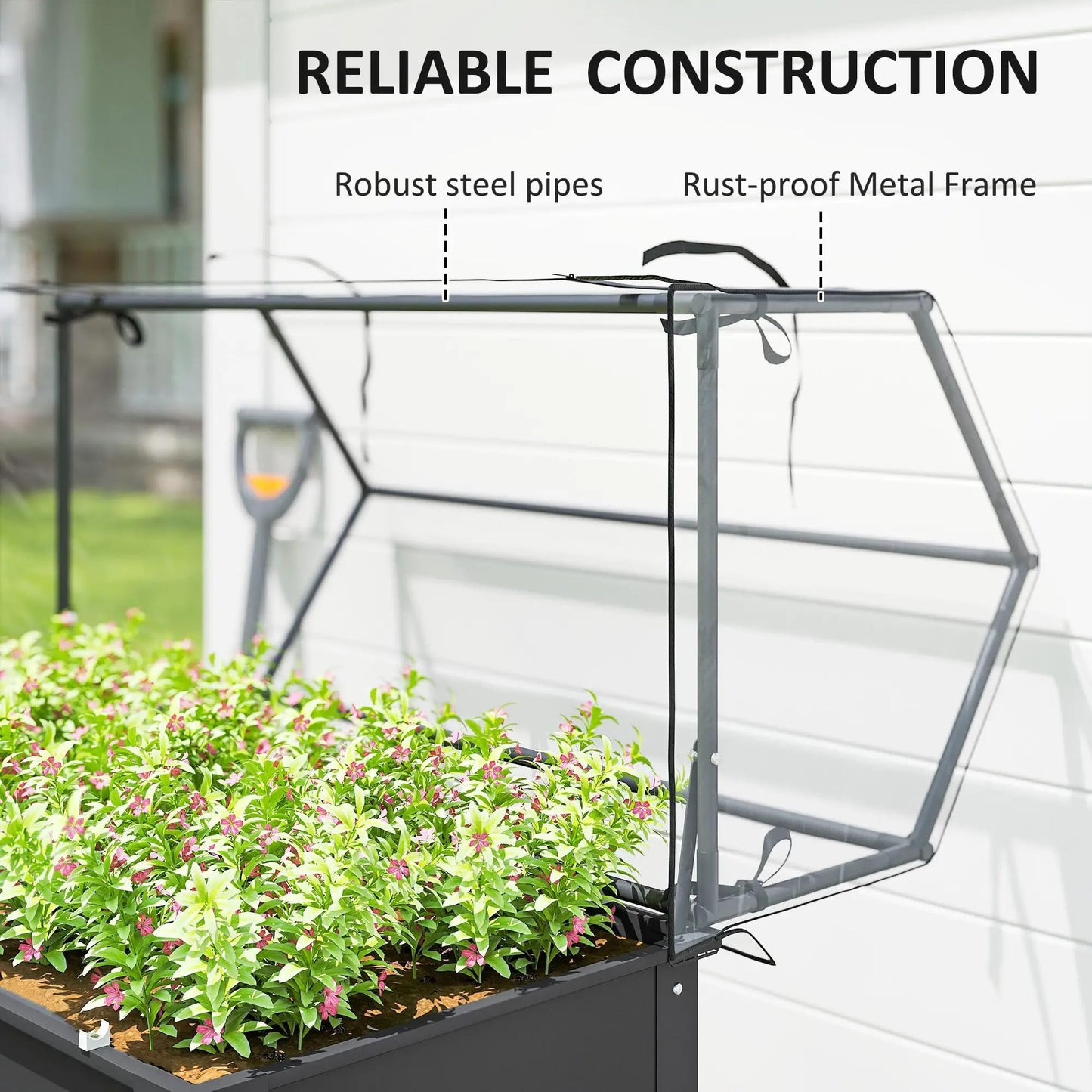 Elevated Raised Garden Bed with Mini Greenhouse, Dark Gray Metal Planter Box with Flip-Up Protective Cover, 39.4" x 18.9" x 48.8", 110 lbs Capacity