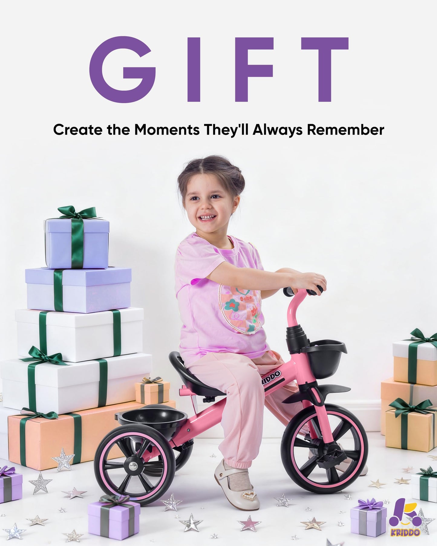 KRIDDO Tricycle for 2-5 Year Olds - Pink Toddler Trike With Gift for 24 Month to 4 Year Old Girls