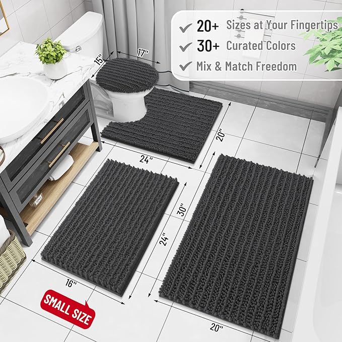 Arotive Luxury Chenille Bathroom Rug Mat, Extra Soft Thick Absorbent Shaggy Bath Rugs, Non-Slip Machine Wash Dry, Plush Bath Mats for Bathroom, Shower and Tub, 34x21, Dark Grey