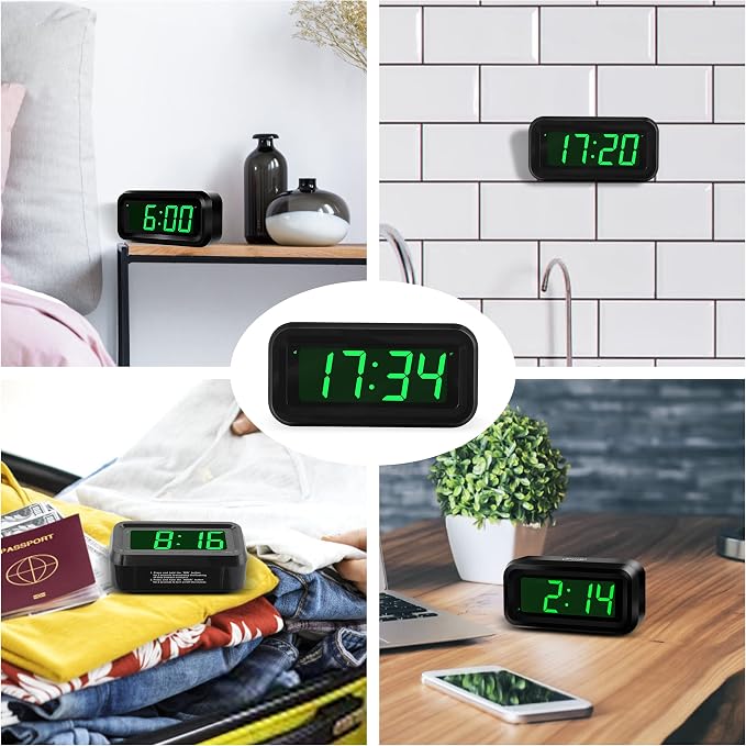 KWANWA 1.2 Inch Small Digital Alarm Clock, Green LED Display with Adjustable Brightness & Night Mode, Battery Operated Portable Desk Clock, for Bedroom, Travel, Kids, Wall Mount (Snooze, 12/24H)